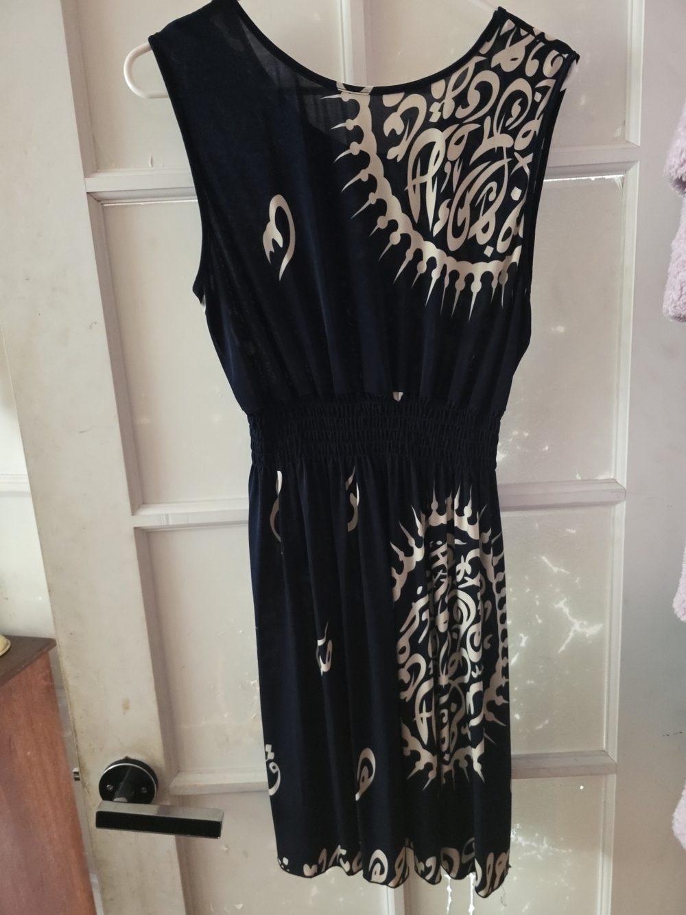 Black Mini Dress with Cream Tribal Print